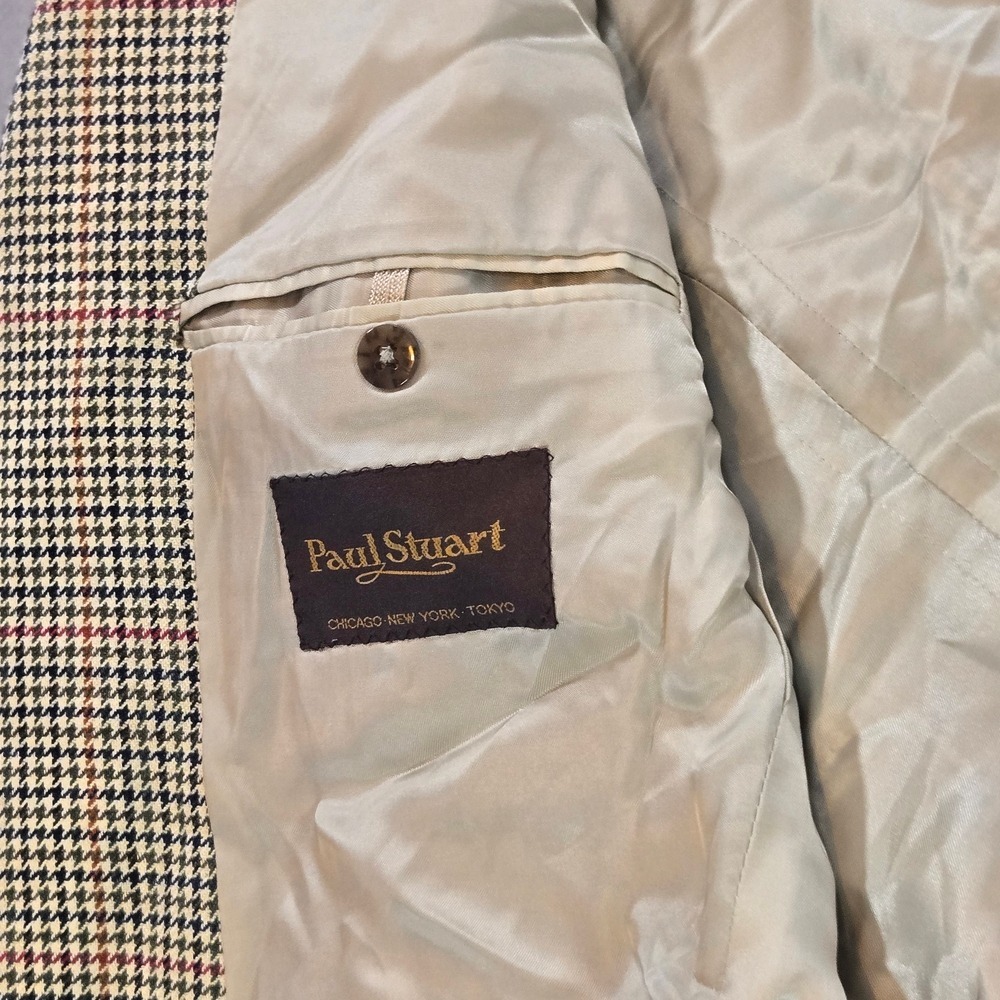 Paul Stuart Sport Coat Mens 43R Tan Houndstooth Silk Wool Blend Stuart II Blazer - Picture 5 of 11